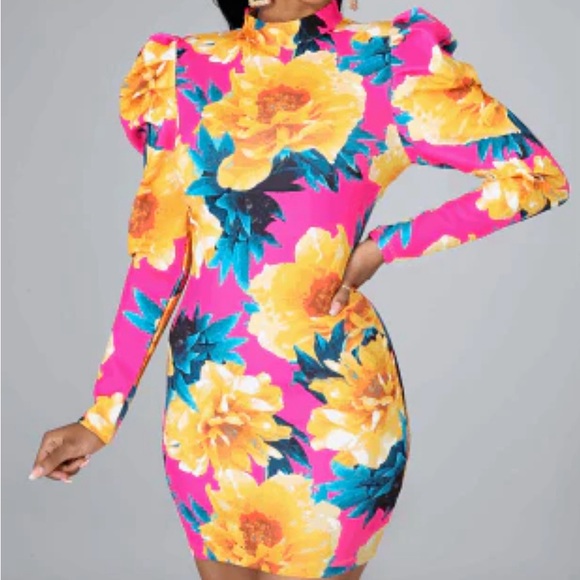 Jealous Tamatoes Puffy Sleeve Floral Mini bodycon Dress - Picture 1 of 4
